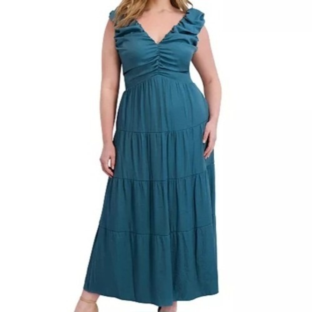 Siena V Neck Sleeveless Tiered Maxi A Line Teal Dress Womens Size 1X NWT